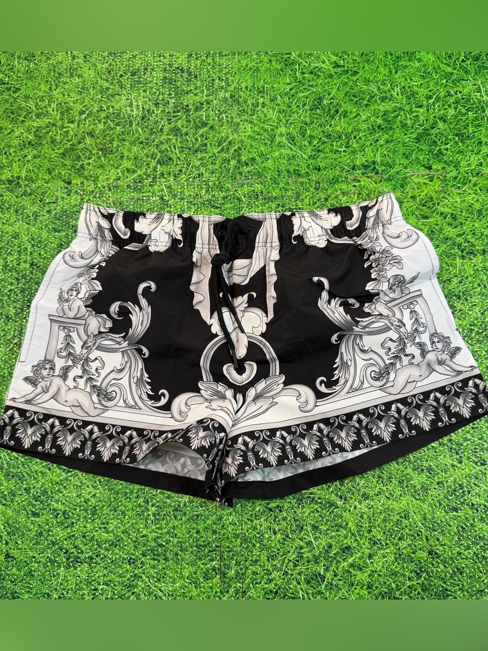 Versace Men's Baroque All Over Swim Short in Black White IT 3 Size S 2” Inseam